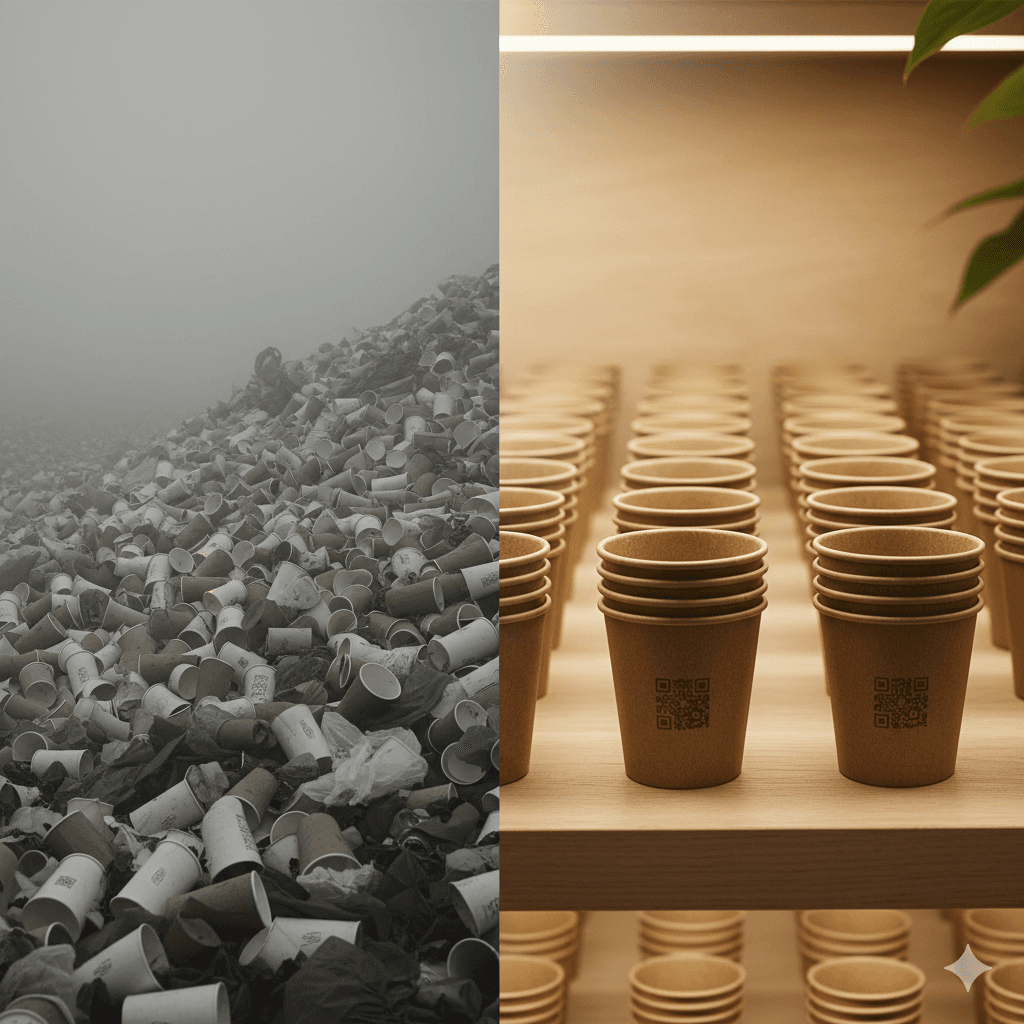 Contrast between discarded single-use cups in a landfill and organized brown reusable cups representing a sustainable system