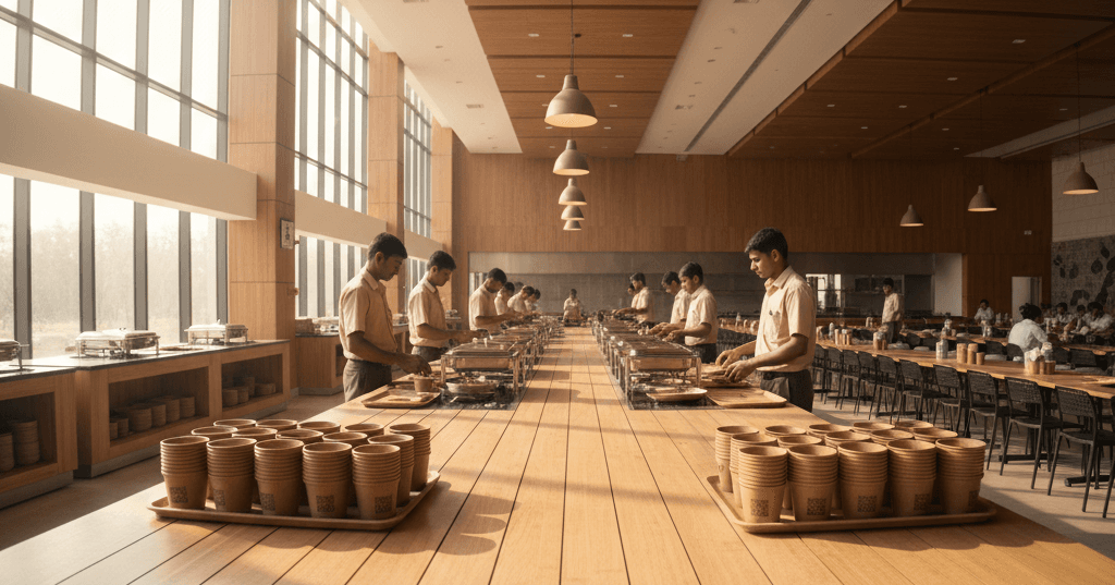 Wide university dining hall using brown reusable cups and dishes as part of a sustainable serving system