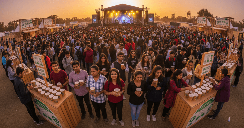 Wide outdoor concert using brown reusable cups with organized return stations to minimize waste