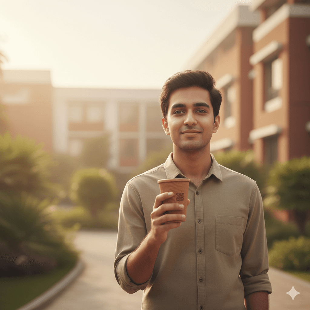 Student holding a premium brown reusable cup on a college campus, representing sustainable and plastic-free hydration