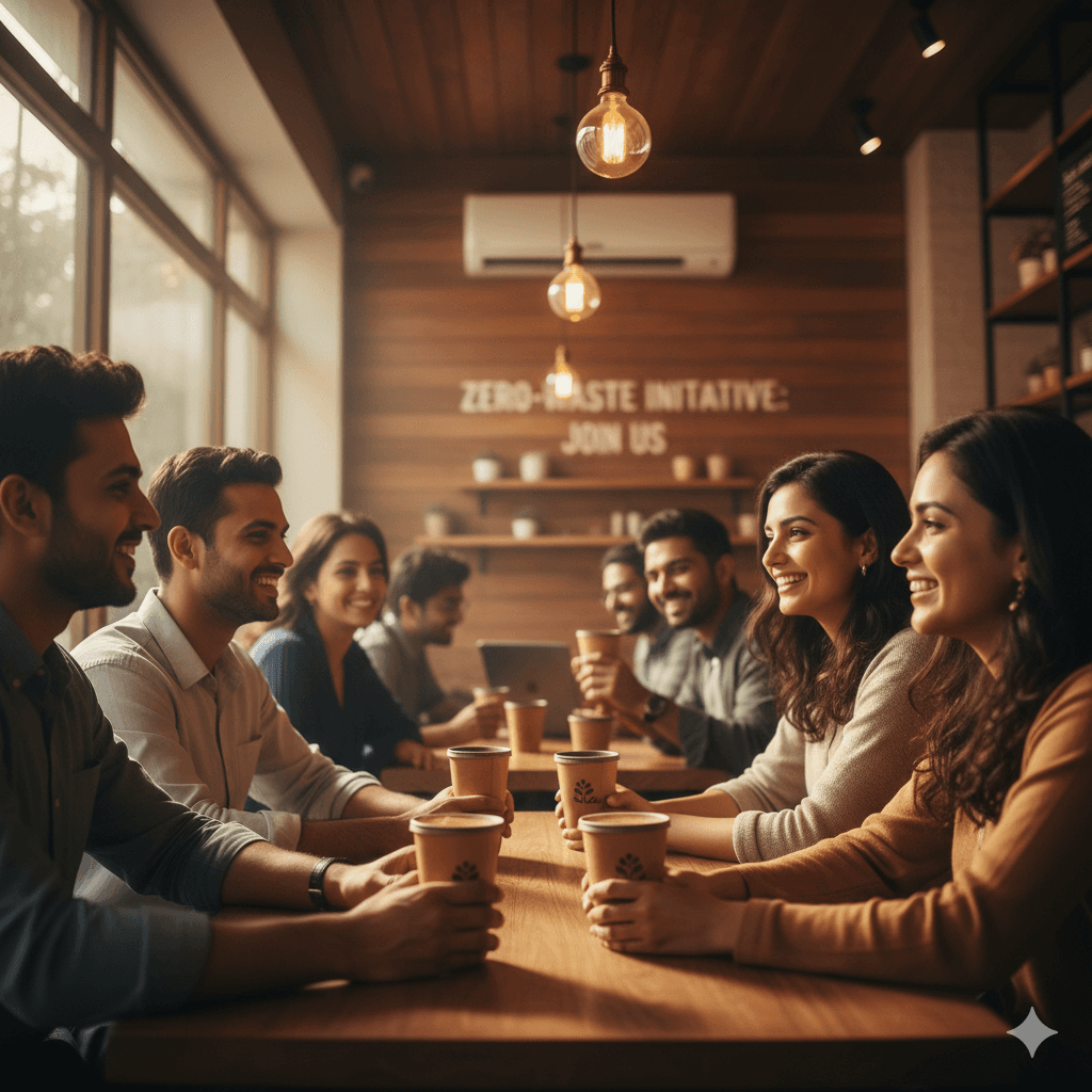 Cafe customers enjoying drinks in branded brown reusable cups, highlighting a zero-waste brand identity