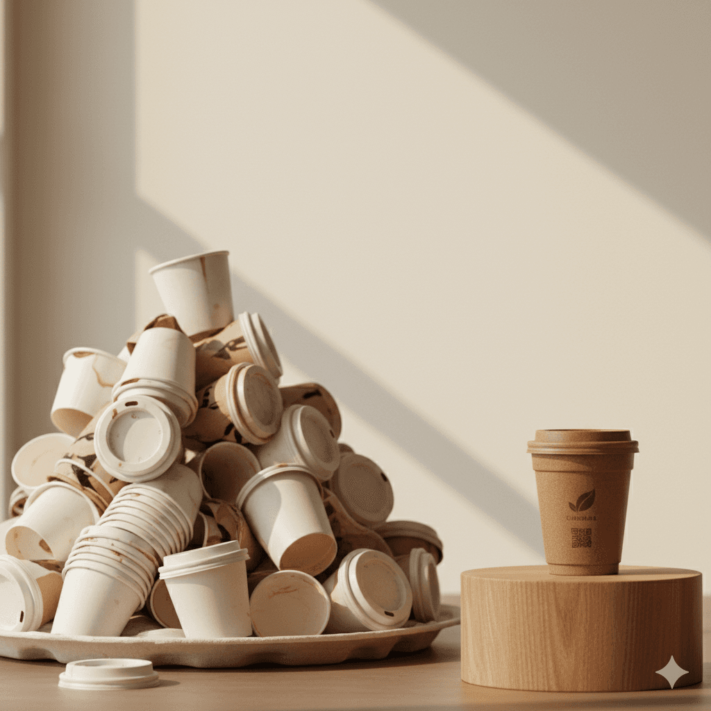 Single brown reusable cup replacing a large stack of disposable cups to illustrate waste reduction