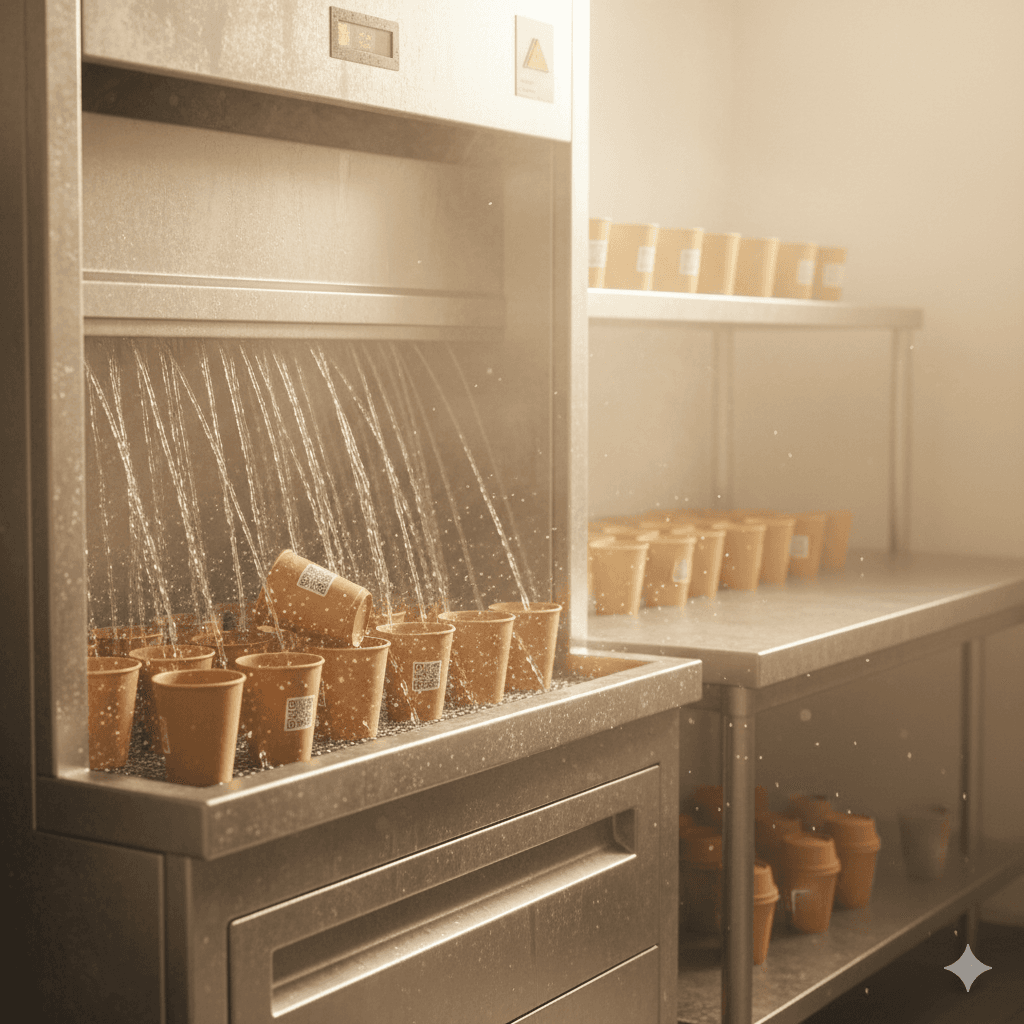 Reusable brown cups being professionally washed and sterilized in a cleaning facility