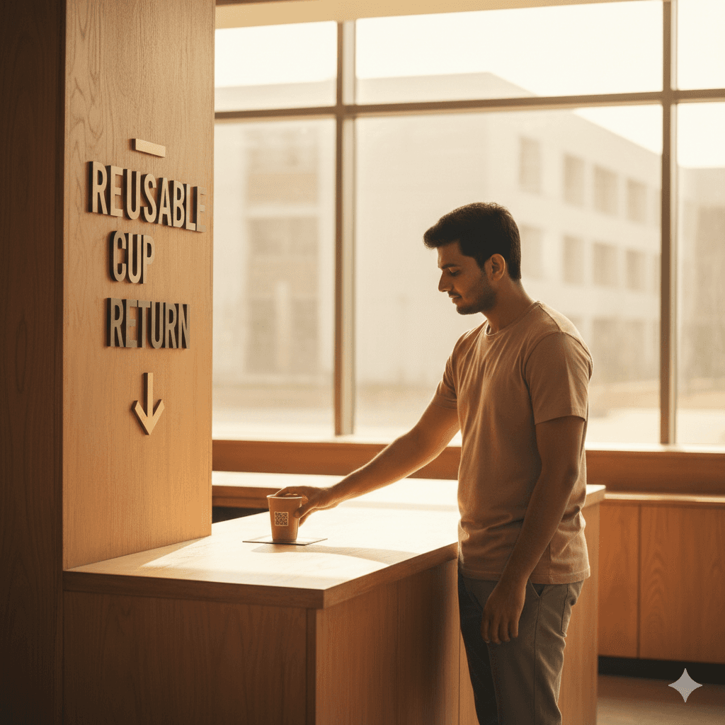 Student returning a brown reusable dish at a campus collection counter