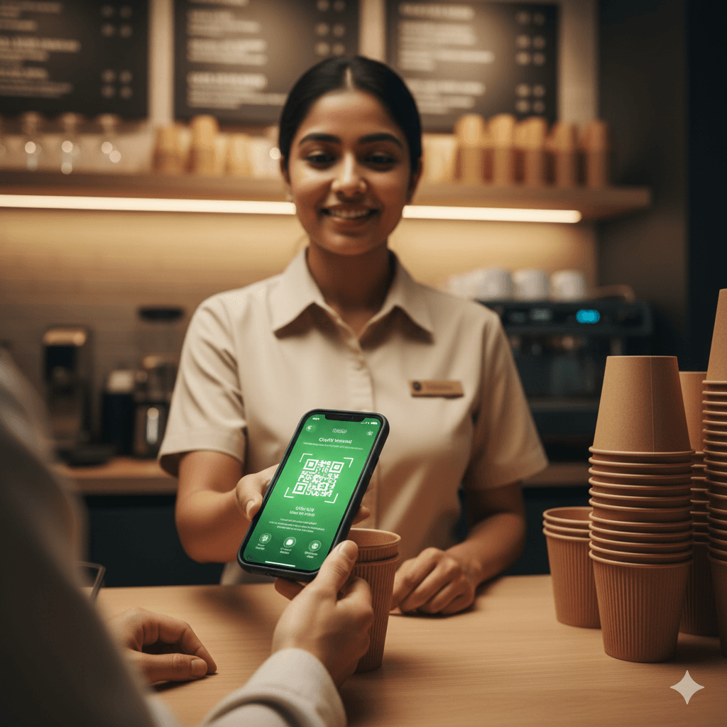 Canteen staff scanning QR code on a reusable dish using a mobile device